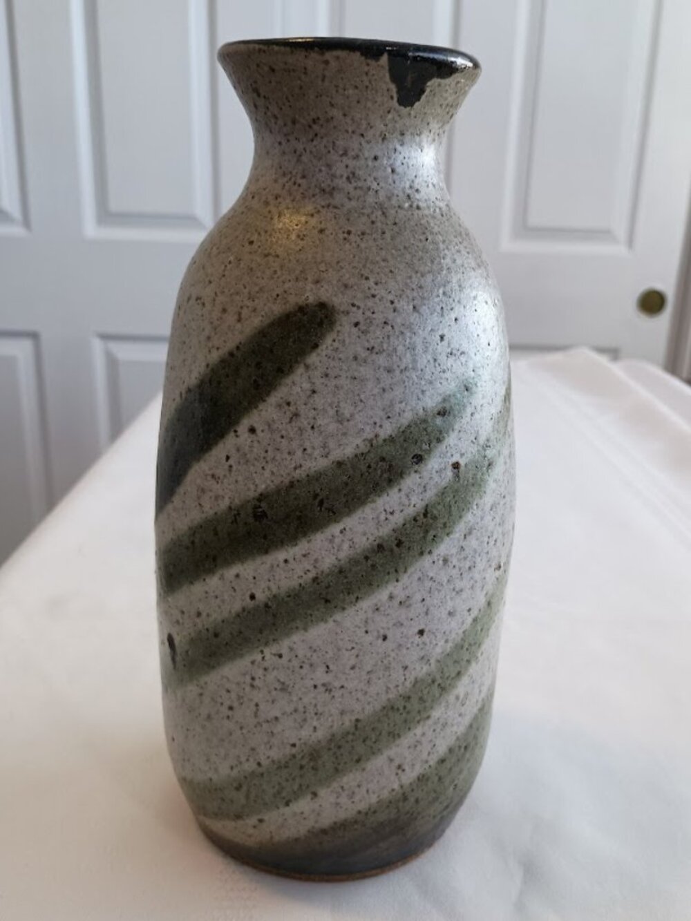 Vintage Stoneware Pottery Vase with Green Swirl Design